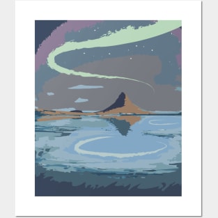 Minimalist Iceland Landscape with Northern Lights Posters and Art